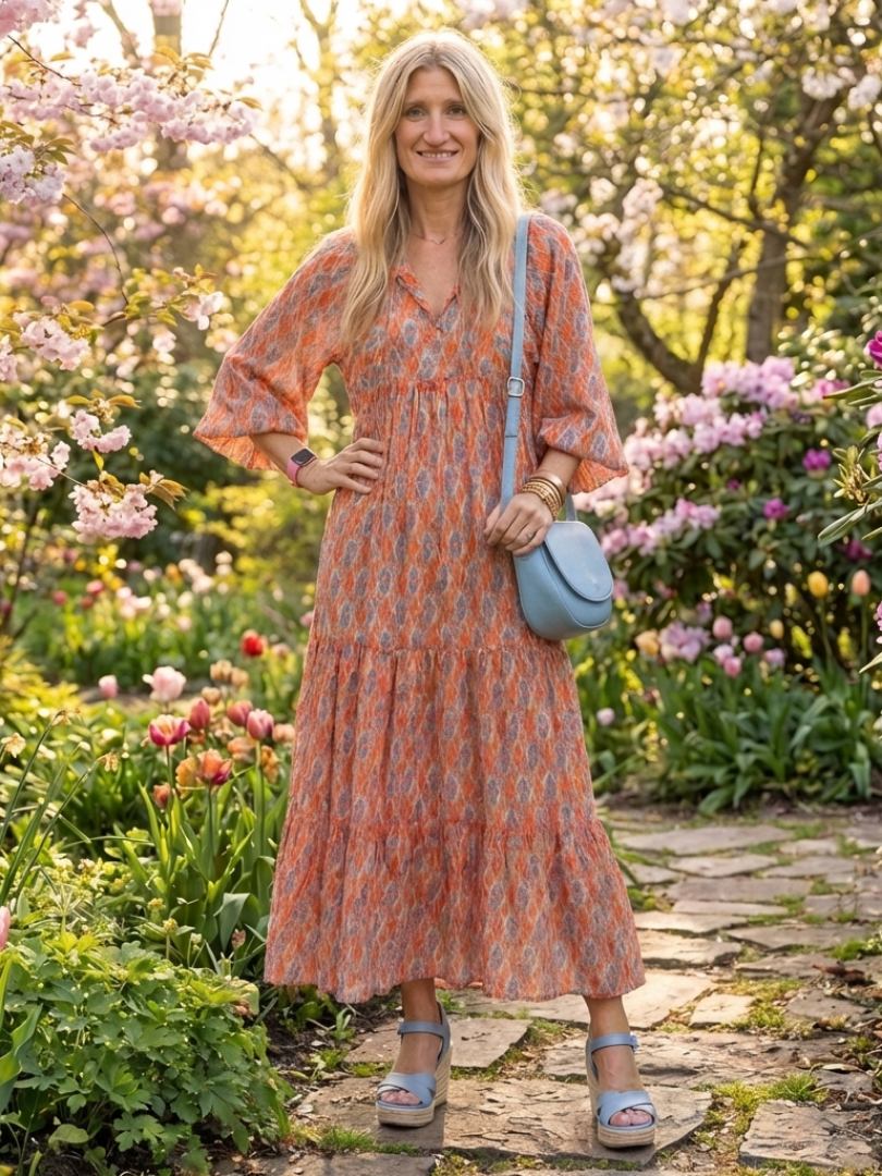 Amara | Geometrisches Druck V-Ausschnitt Schicht-Midi-Kleid