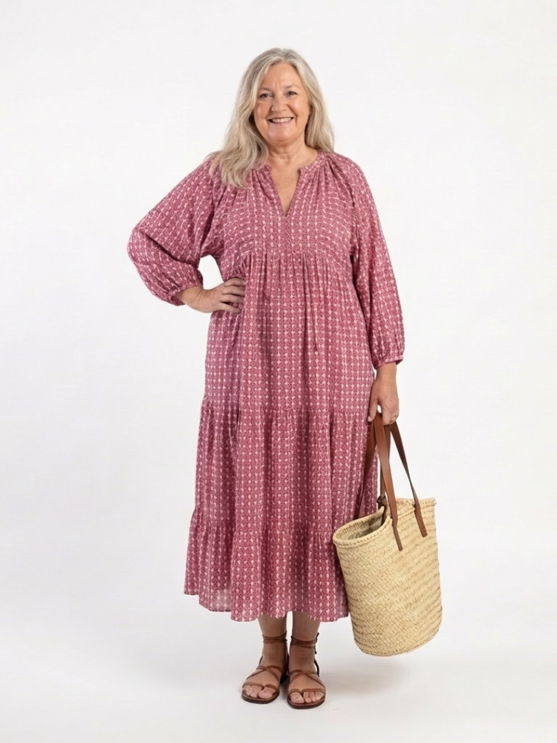 Arlette | Geometrisches Druck Midi-Kleid mit langen Ärmeln