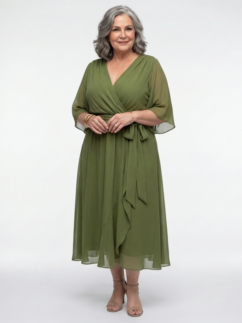 Elysia | V-Ausschnitt Drapiertes Taillenband Midi-Kleid