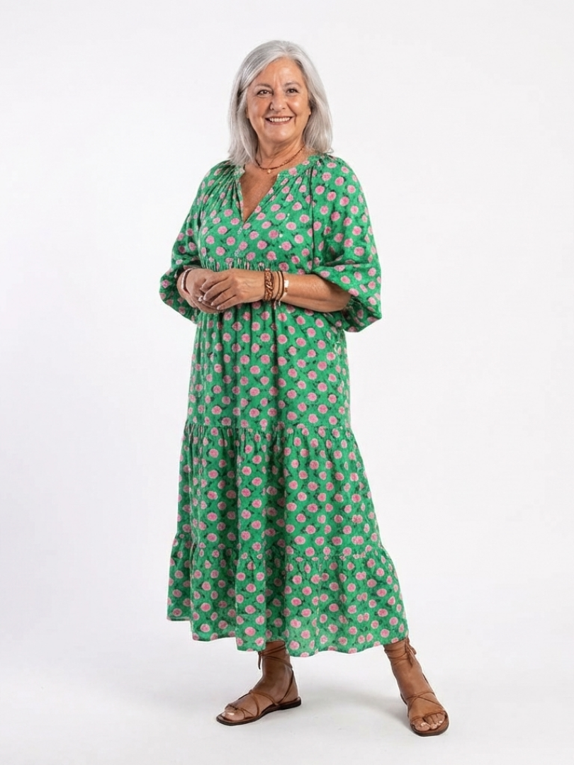 Fiora | Floral Print V-Ausschnitt Stufen Midi Kleid