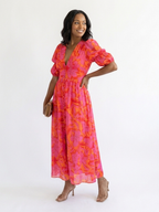 Willow | Blumiger V-Ausschnitt Midi-Kleid mit Puffärmeln