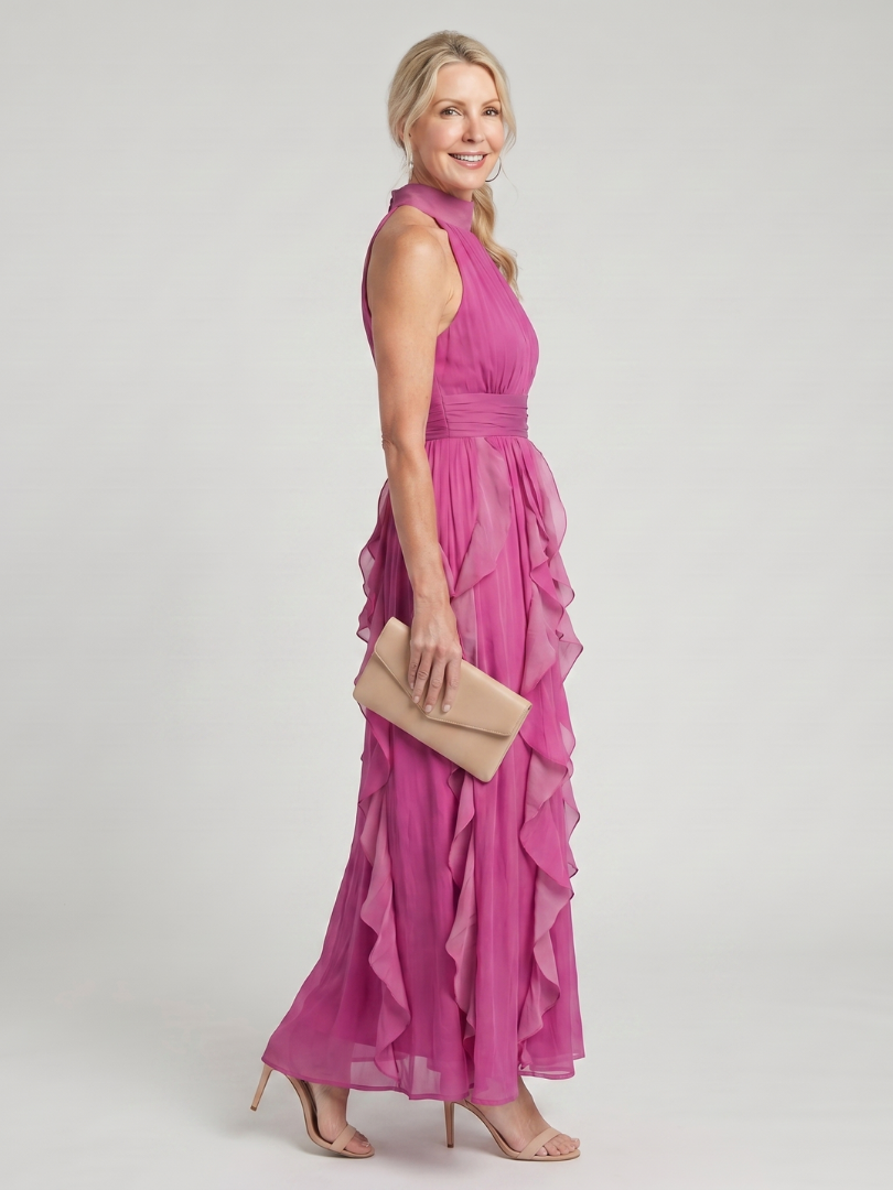 Orea | Maxikleid mit hochgeschlossenem, gerafftem Rüschensaum