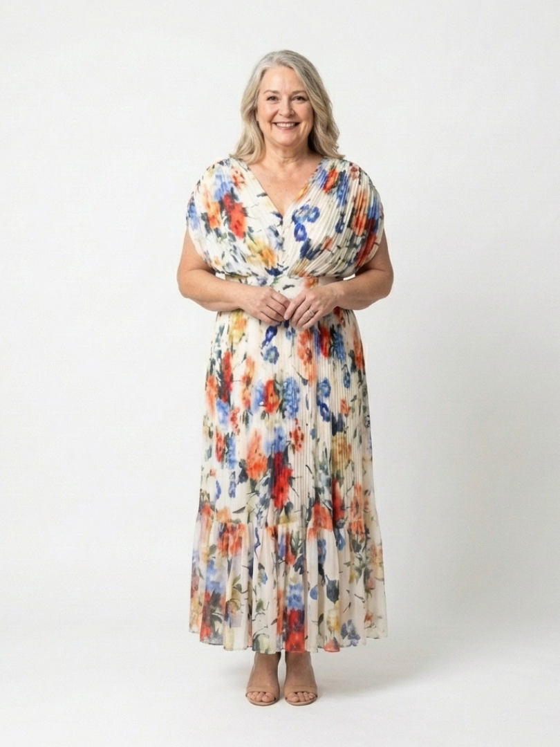 Savannah | Kurzes, ärmelloses, plissiertes Midi-Kleid