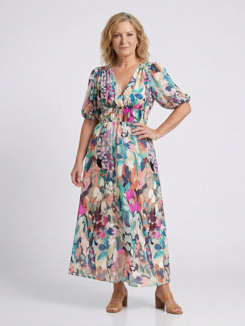 Eulalie | V-Ausschnitt Kurzarm Gerafftes Taillen Midi-Kleid