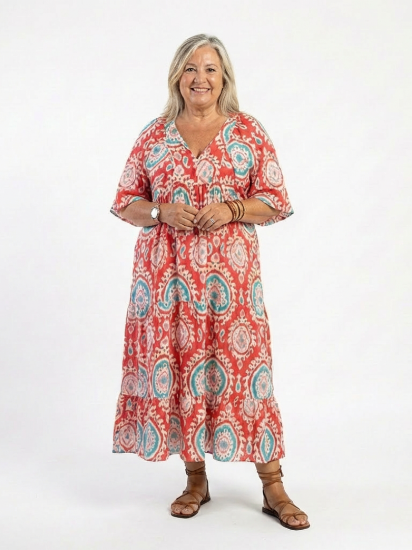 Zaria | Paisley-Print V-Ausschnitt Kurzarm Midi-Kleid