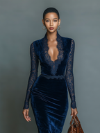 Johanna | Samt Midi Kleid V-Ausschnitt Spitz