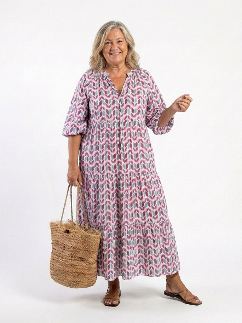 Mireya | Geometrisches Print Langarm Tiered Midi Kleid