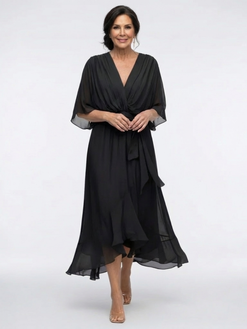 Elysia | V-Ausschnitt Drapiertes Taillenband Midi-Kleid