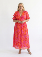 Willow | Blumiger V-Ausschnitt Midi-Kleid mit Puffärmeln