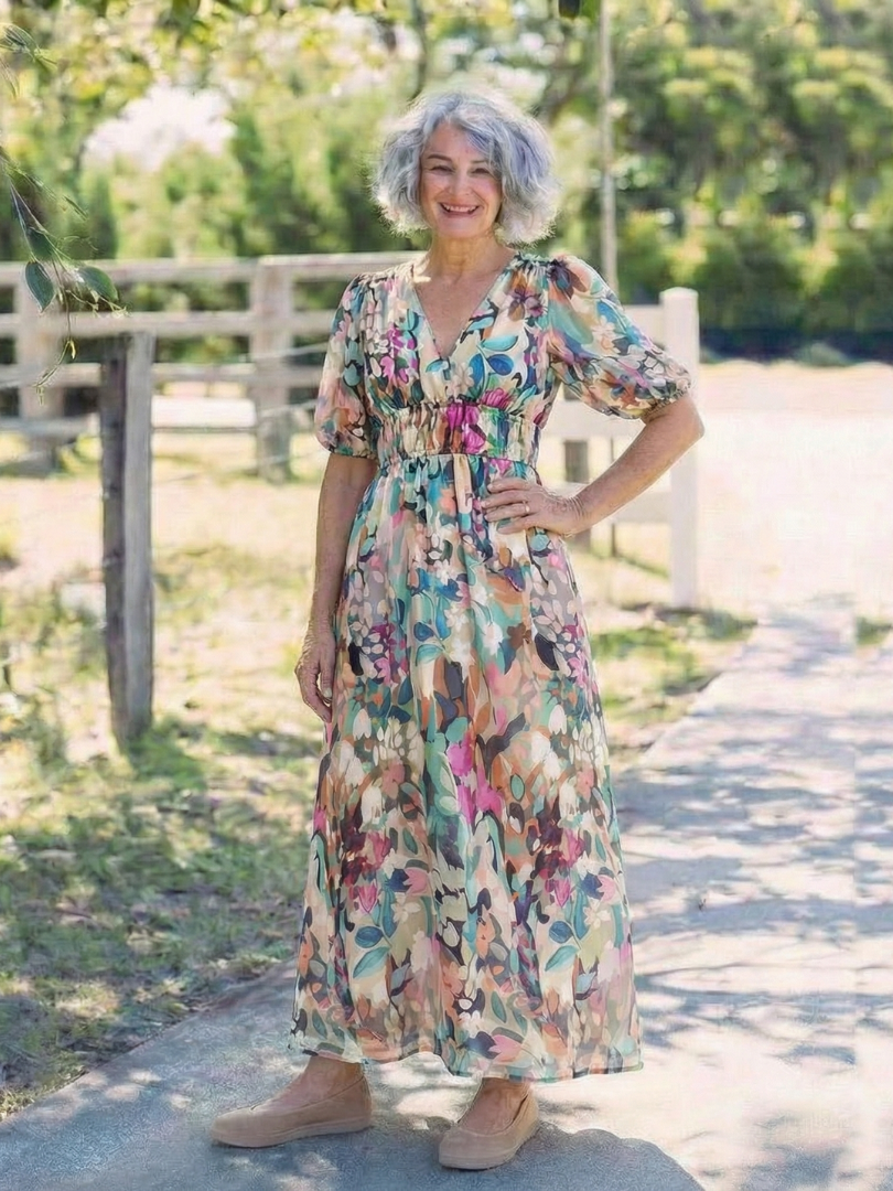 Eulalie | V-Ausschnitt Kurzarm Gerafftes Taillen Midi-Kleid