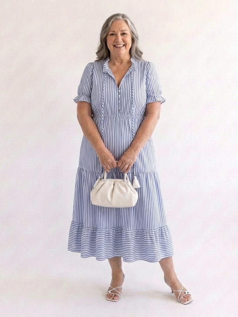 Dakota | Kurzärmeliges gestreiftes, schichtetes Midikleid