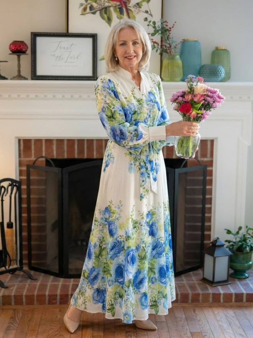 Harper | Langärmliges florales Maxikleid mit Knopfleiste