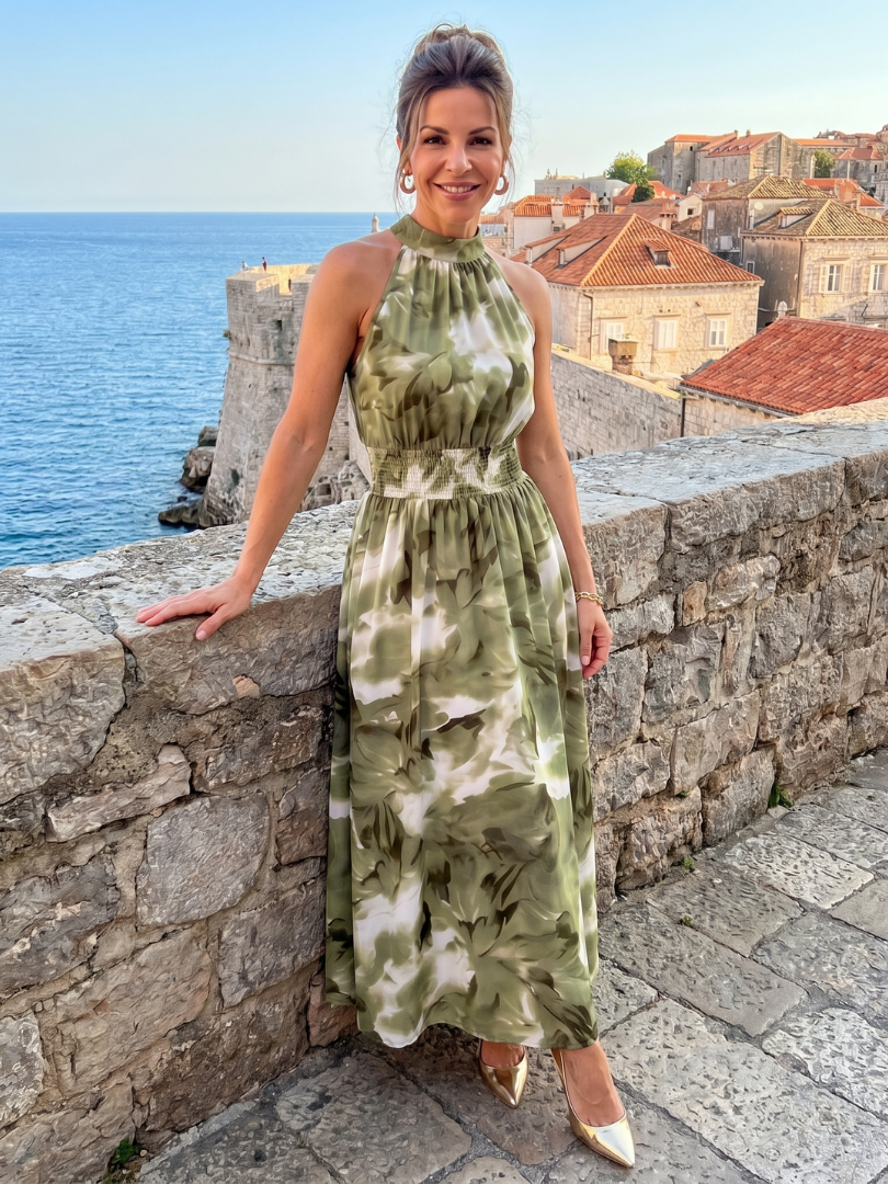 Olivia | Midikleid mit geraffter Taille und abstraktem Druck