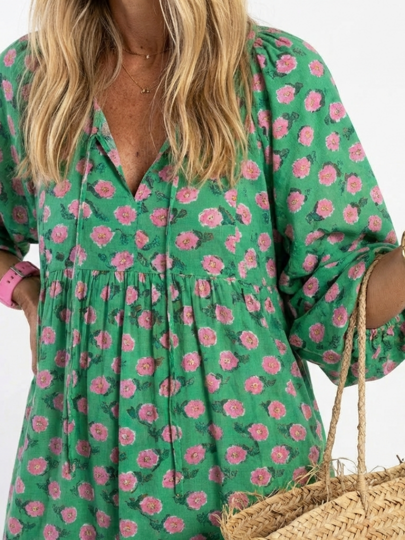 Fiora | Floral Print V-Ausschnitt Stufen Midi Kleid