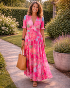 Ione | Kurzes ärmelloses V-Ausschnitt Blumen-Midi-Kleid