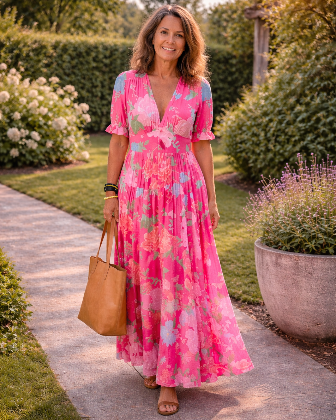 Ione | Kurzes ärmelloses V-Ausschnitt Blumen-Midi-Kleid