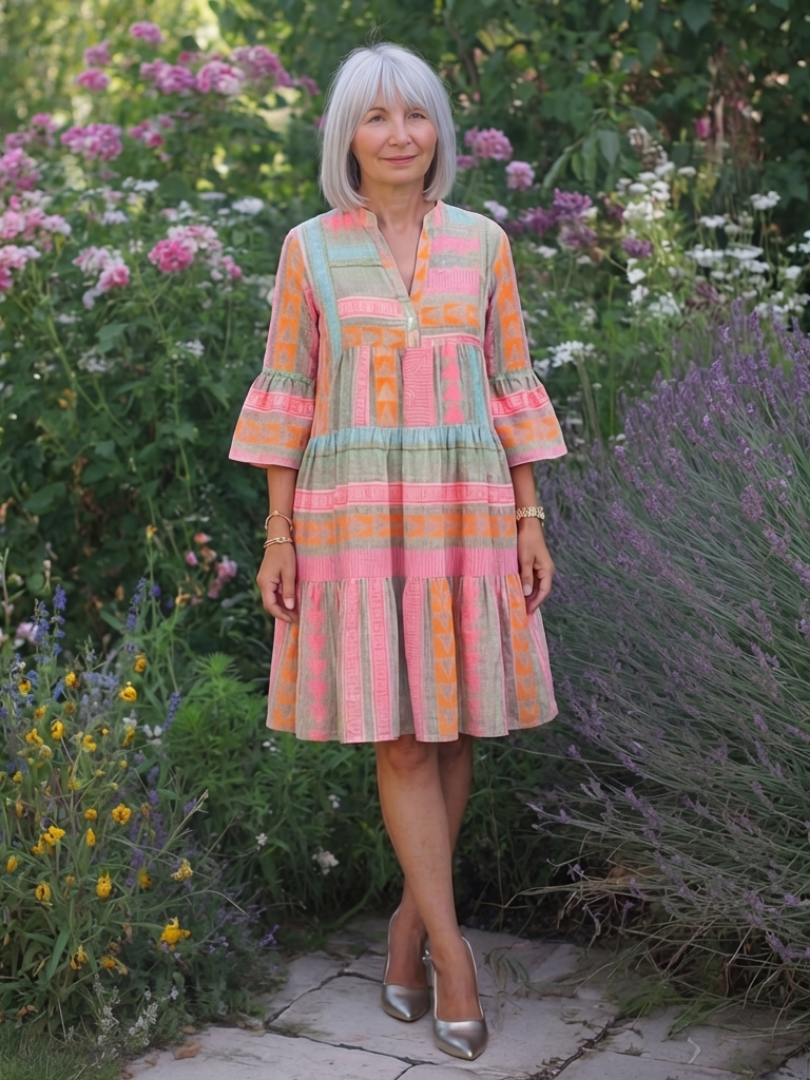 Maelle | Geometrisches Print V-Ausschnitt Stufen-Kleid in Knie-Länge