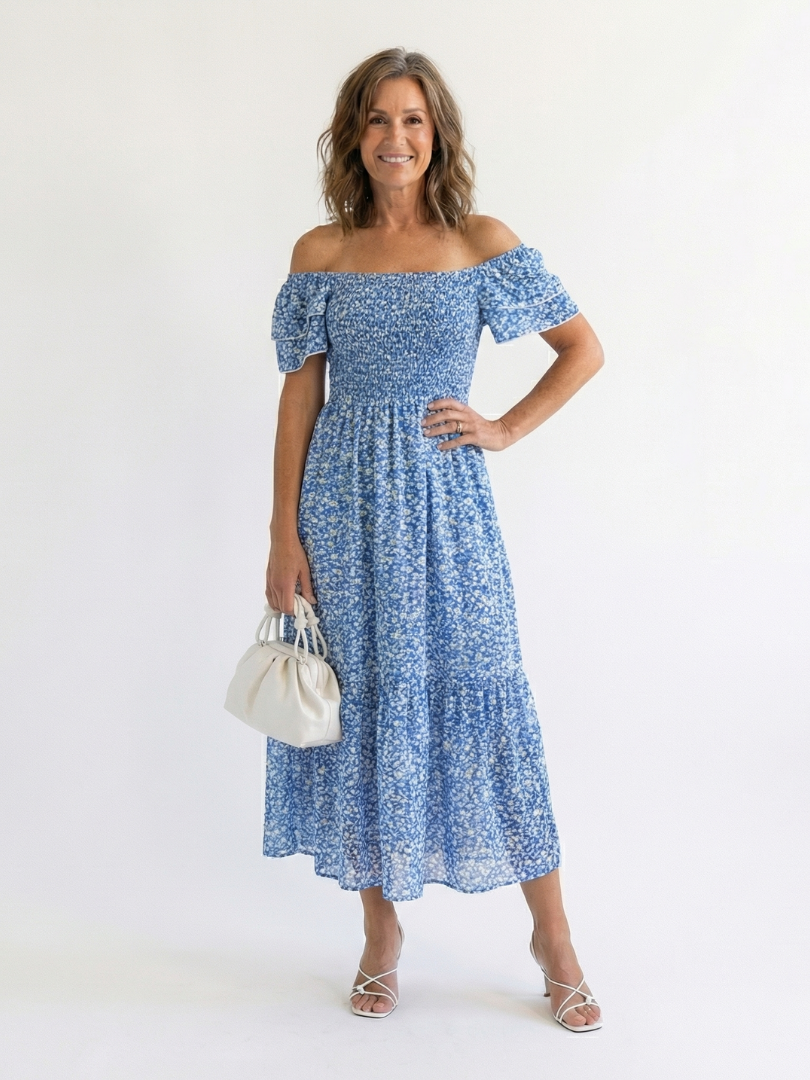 Odette | Off-Shoulder Blumen Smocked Midi Kleid