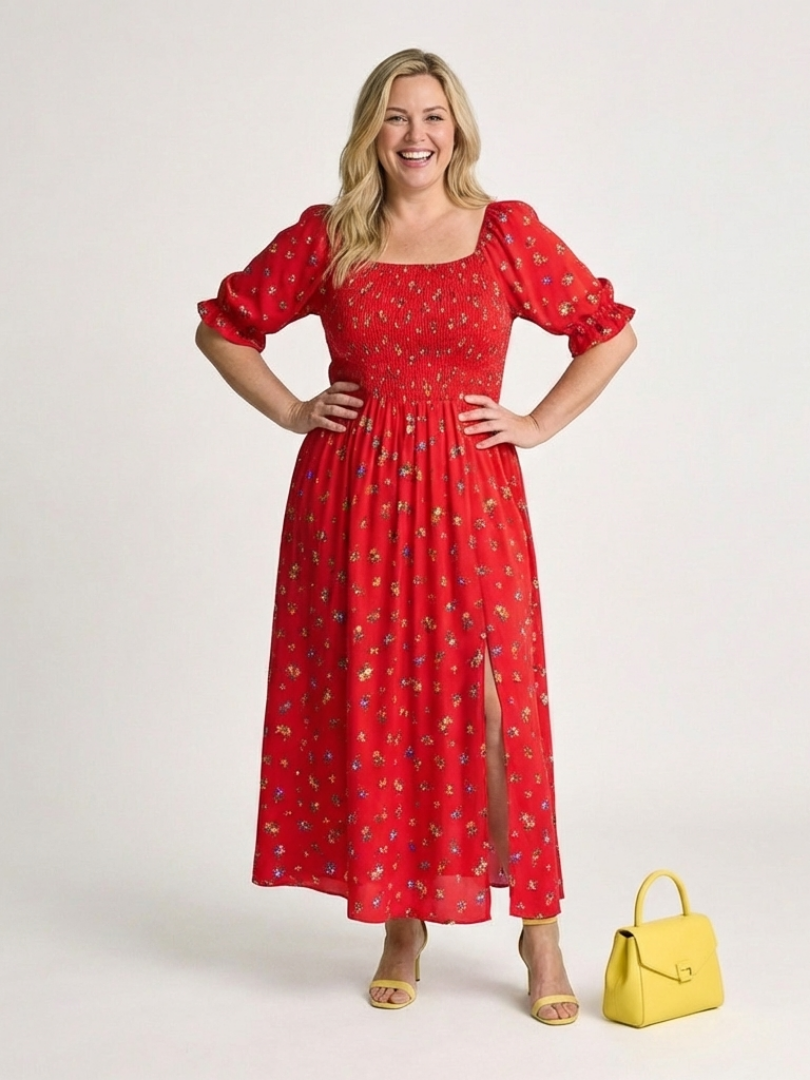 Delphine | Midi-Kleid mit quadratischem Ausschnitt und Blumenmuster
