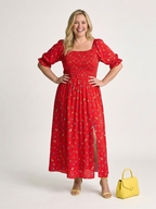Delphine | Midi-Kleid mit quadratischem Ausschnitt und Blumenmuster