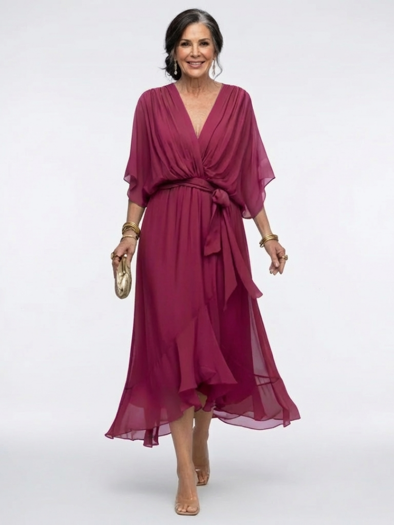 Elysia | V-Ausschnitt Drapiertes Taillenband Midi-Kleid