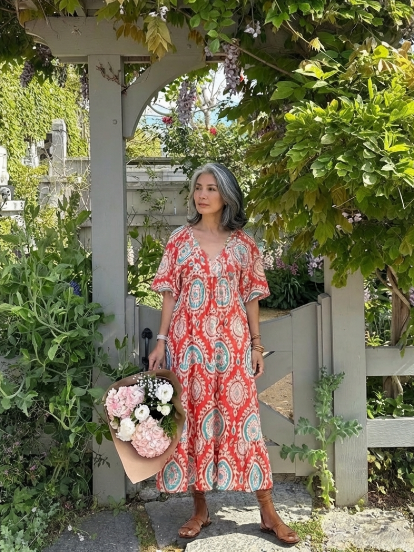 Zaria | Paisley-Print V-Ausschnitt Kurzarm Midi-Kleid