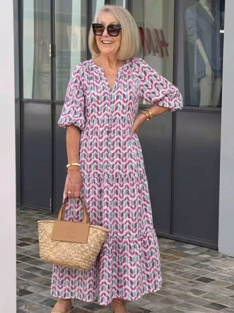 Mireya | Geometrisches Print Langarm Tiered Midi Kleid