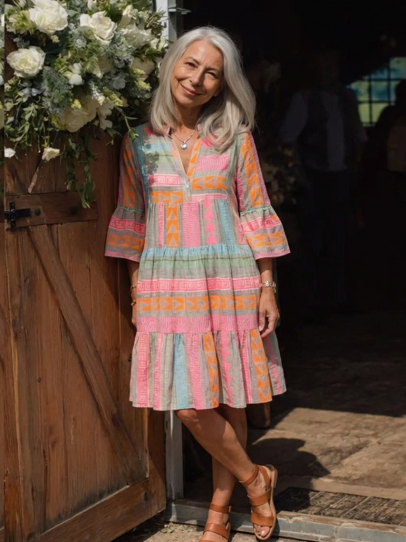 Maelle | Geometrisches Print V-Ausschnitt Stufen-Kleid in Knie-Länge