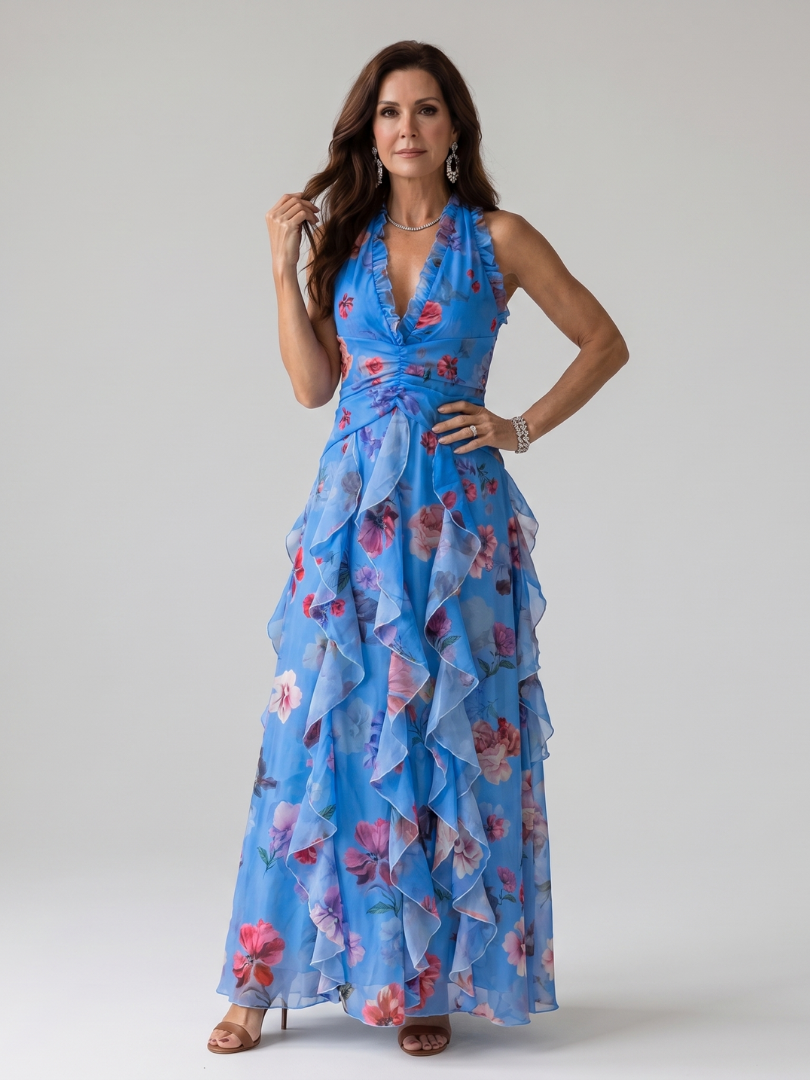 Nori | Halter-Neck Rüschentop Floral Maxi Kleid