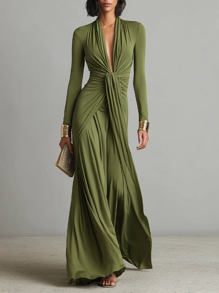 Mathilde | Oliv Seide Maxi Kleid V-Ausschnitt