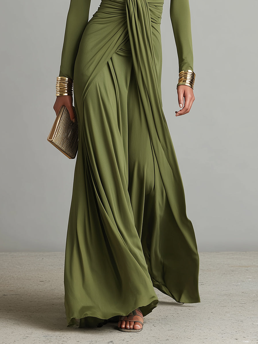 Mathilde | Oliv Seide Maxi Kleid V-Ausschnitt