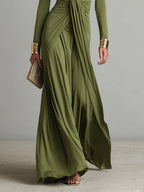Mathilde | Oliv Seide Maxi Kleid V-Ausschnitt