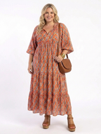 Amara | Geometrisches Druck V-Ausschnitt Schicht-Midi-Kleid