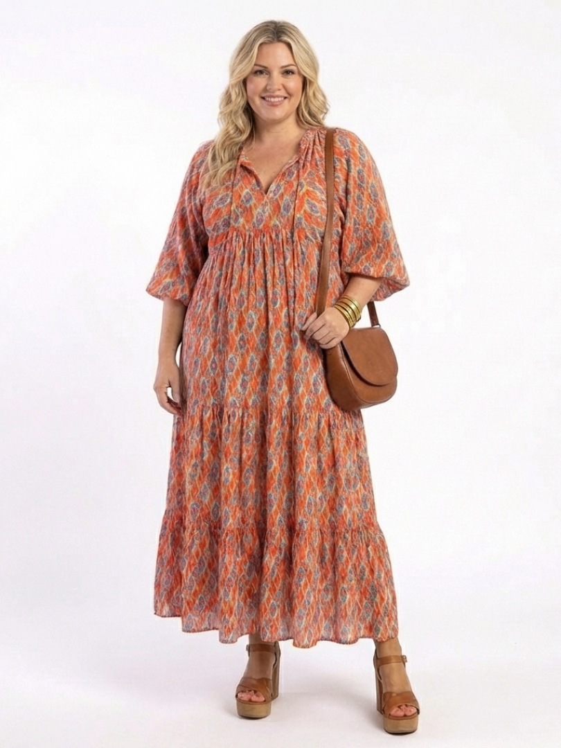 Amara | Geometrisches Druck V-Ausschnitt Schicht-Midi-Kleid