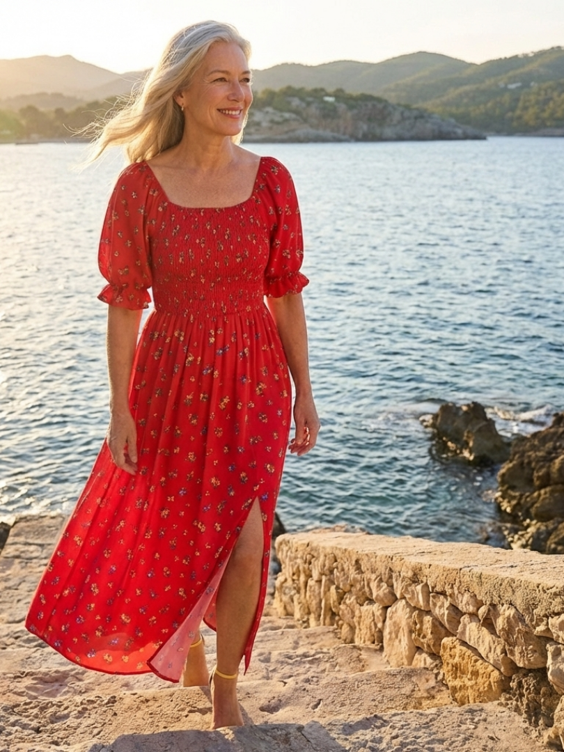 Delphine | Midi-Kleid mit quadratischem Ausschnitt und Blumenmuster