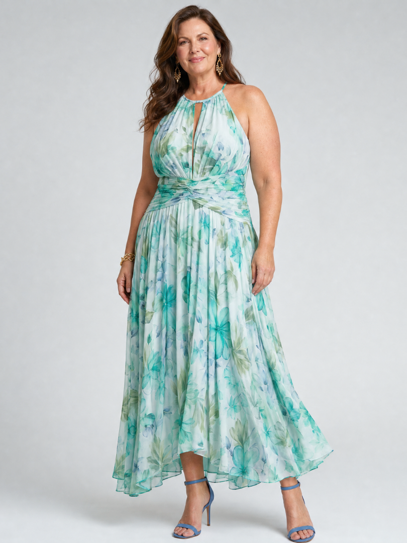 Portia | Plissiertes Halterkleid mit weichem Blumenmuster in Midi-Länge
