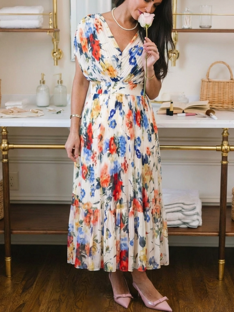Savannah | Kurzes, ärmelloses, plissiertes Midi-Kleid