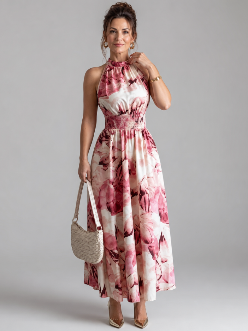 Olivia | Midikleid mit geraffter Taille und abstraktem Druck