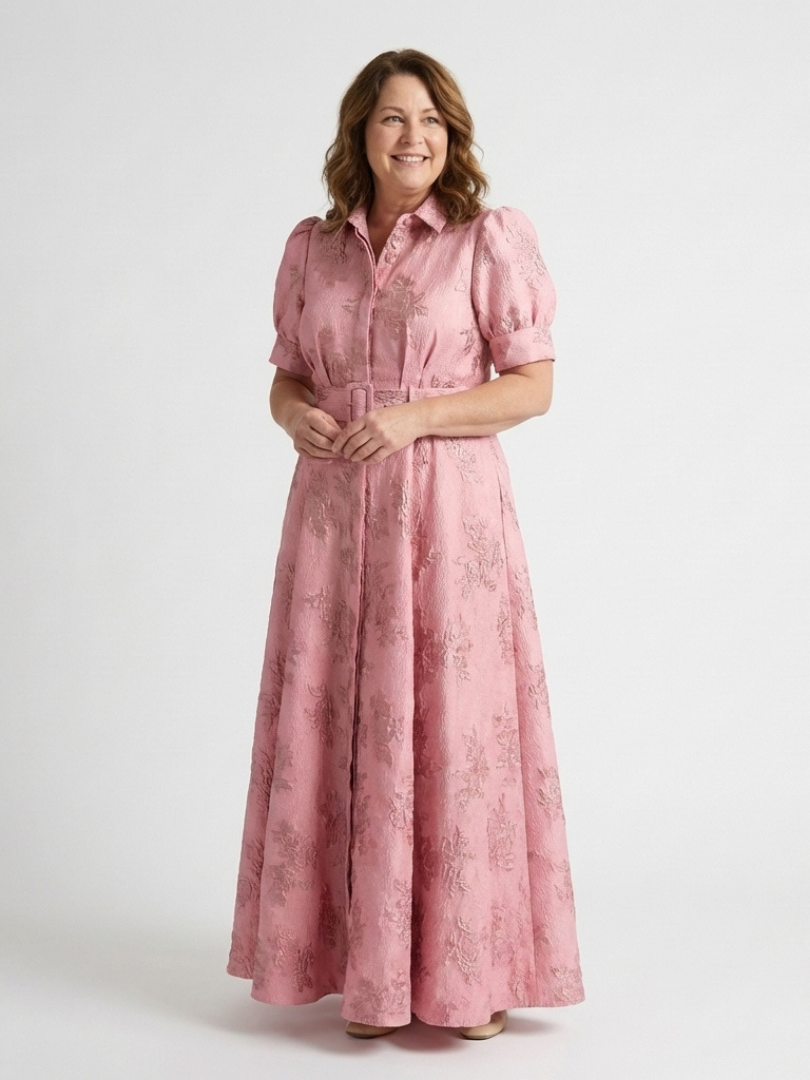 Xanthea | Kurzärmeliges, tailliertes, floral strukturiertes Maxi-Hemdkleid