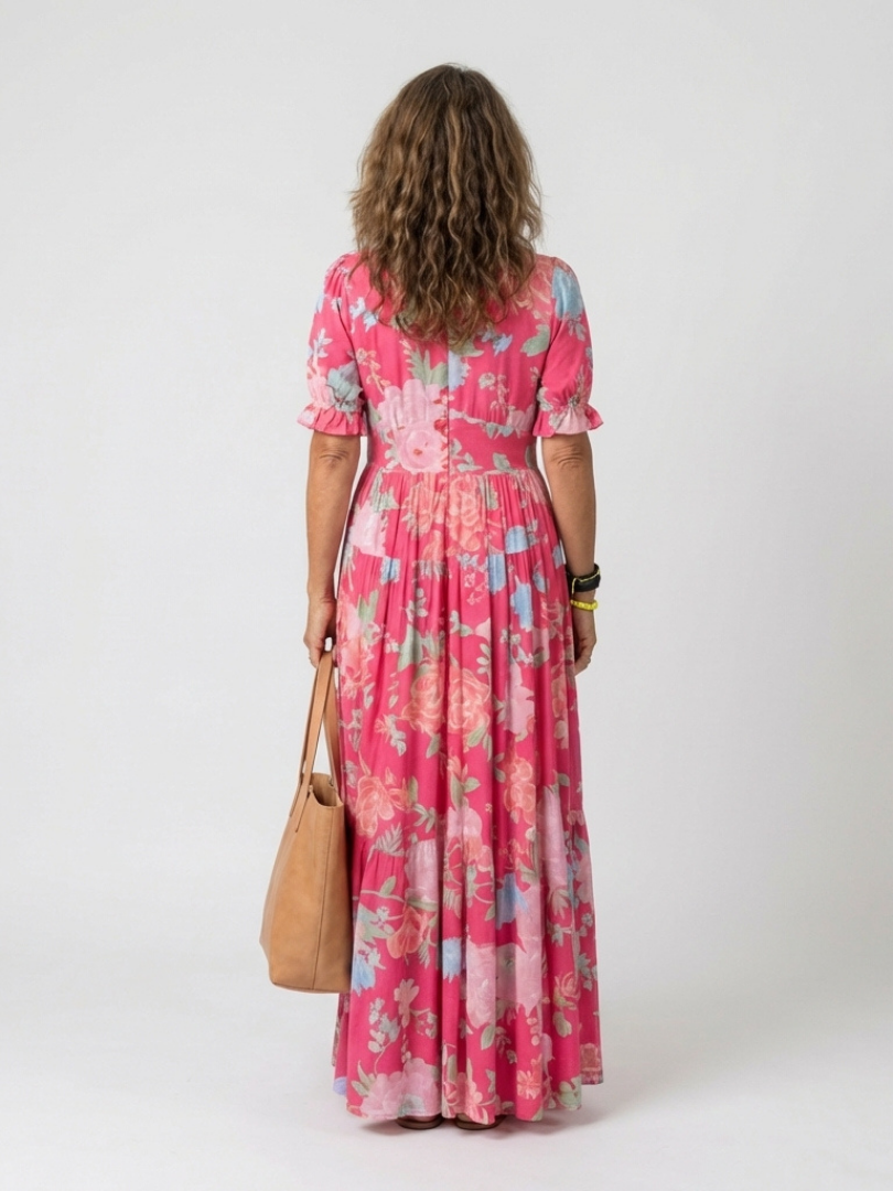Ione | Kurzes ärmelloses V-Ausschnitt Blumen-Midi-Kleid