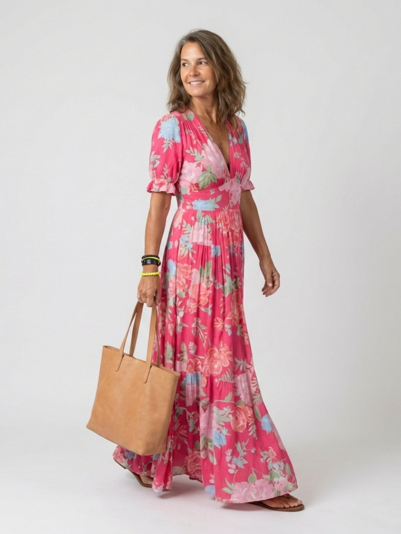 Ione | Kurzes ärmelloses V-Ausschnitt Blumen-Midi-Kleid