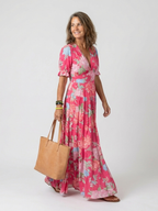 Ione | Kurzes ärmelloses V-Ausschnitt Blumen-Midi-Kleid