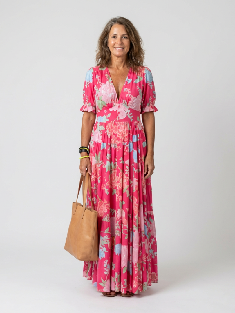 Ione | Kurzes ärmelloses V-Ausschnitt Blumen-Midi-Kleid