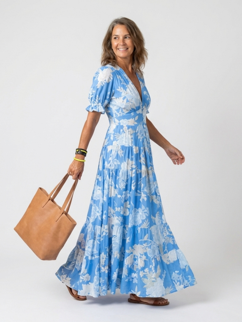 Ione | Kurzes ärmelloses V-Ausschnitt Blumen-Midi-Kleid