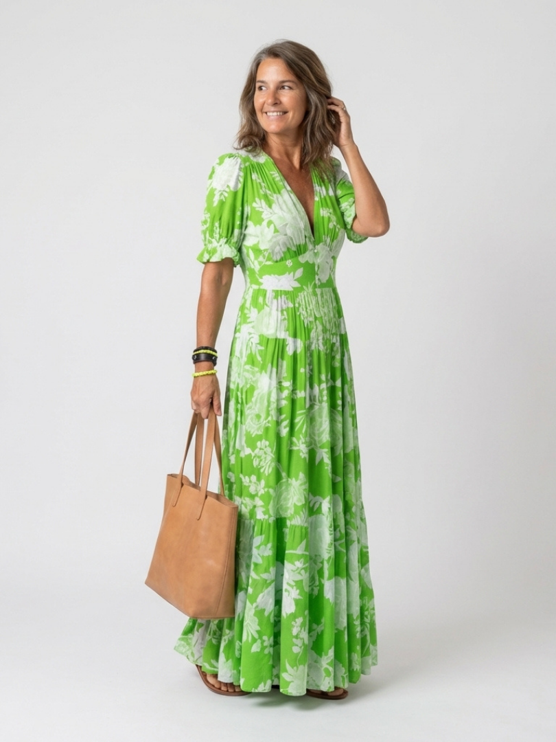 Ione | Kurzes ärmelloses V-Ausschnitt Blumen-Midi-Kleid