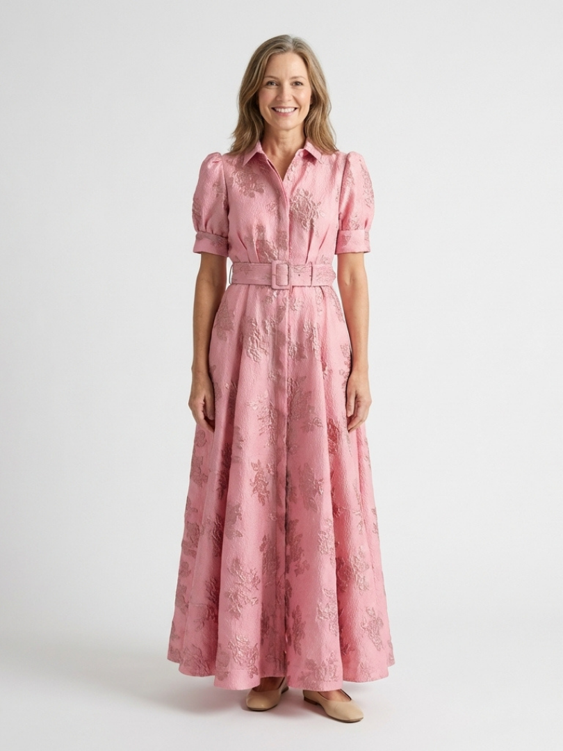 Xanthea | Kurzärmeliges, tailliertes, floral strukturiertes Maxi-Hemdkleid