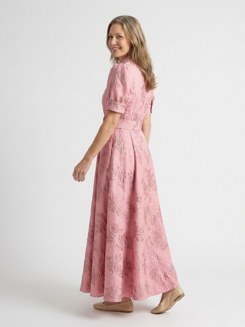 Xanthea | Kurzärmeliges, tailliertes, floral strukturiertes Maxi-Hemdkleid