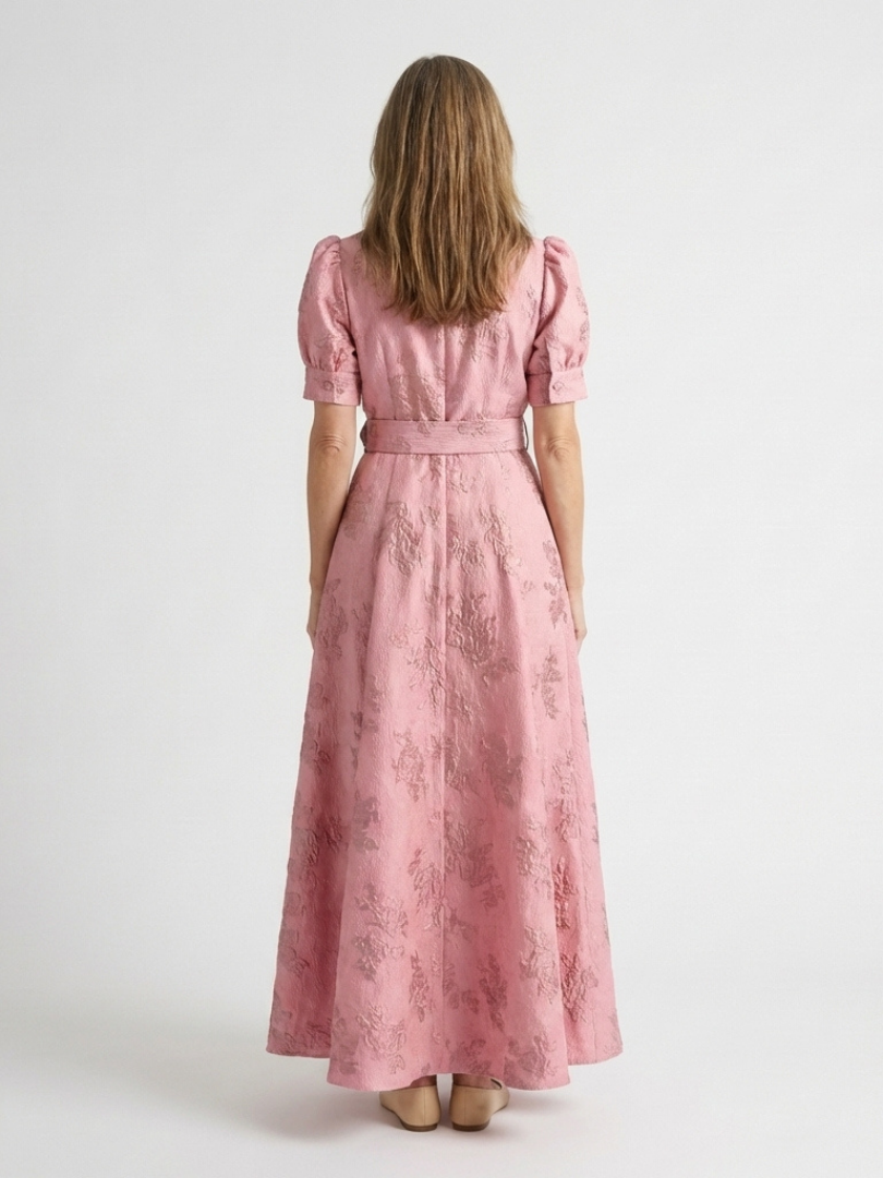 Xanthea | Kurzärmeliges, tailliertes, floral strukturiertes Maxi-Hemdkleid