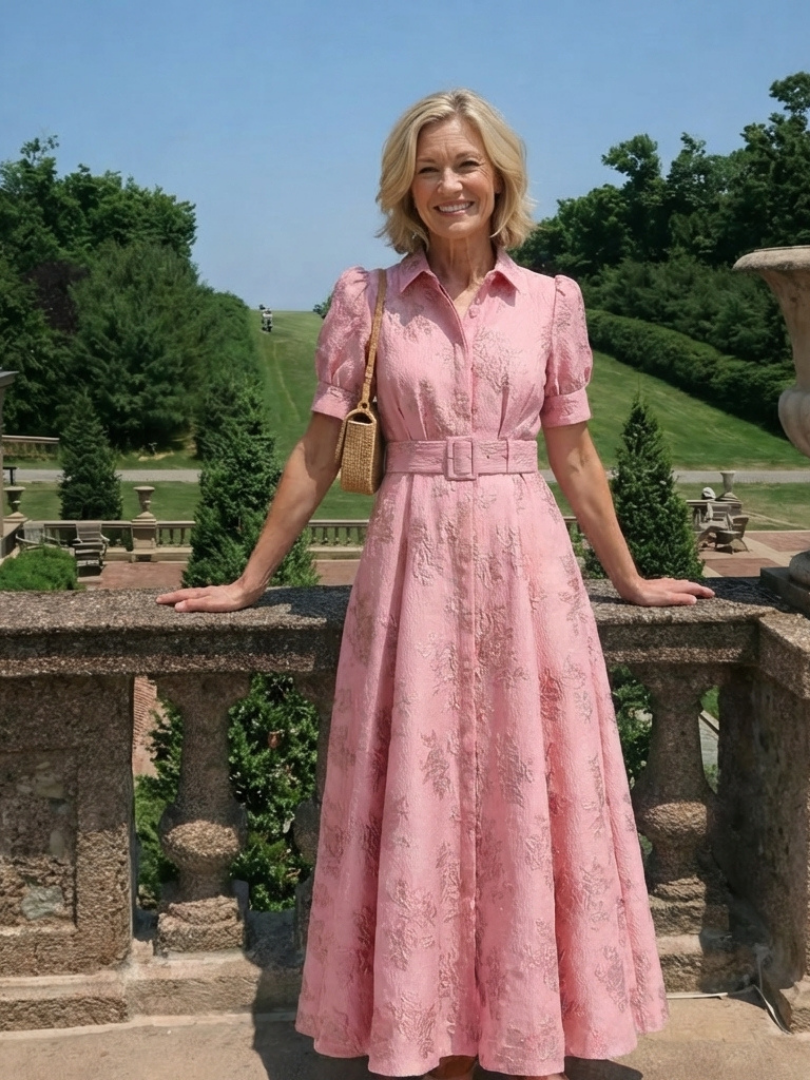 Xanthea | Kurzärmeliges, tailliertes, floral strukturiertes Maxi-Hemdkleid