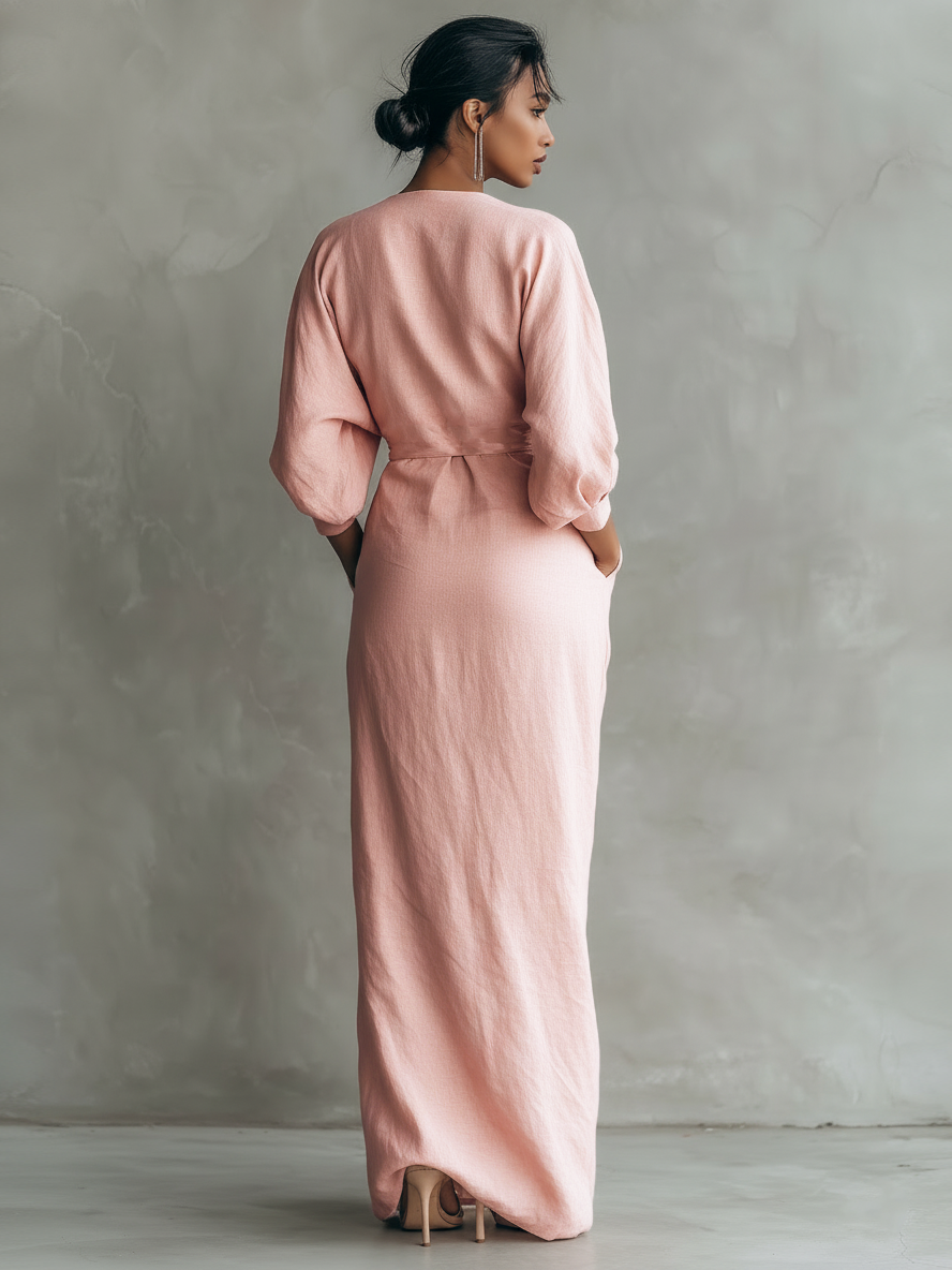 Anneliese | Rosa Leinen Maxi Kleid V-Hals